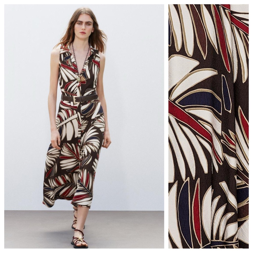 NWT. Zara Brown/Cream Viscose Blend Printed Belted Midi Dress. Size L.